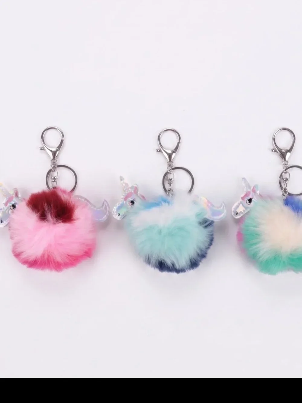 Unicorn Pom Pom Keychain Set of 3, Fluffy Faux Fur Iridescent Bag Charm Keyring